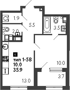 Планировка: 1-комнатная квартира 35,9 м² в ЖК «Струны»