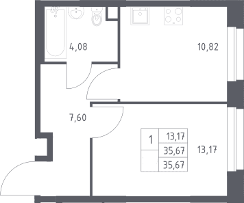 Планировка: 1-комнатная квартира 35,7 м² в ЖК «ЭкоБунино»