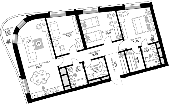 Планировка: Квартира евро-4 116,5 м² в ЖК «СберСити»