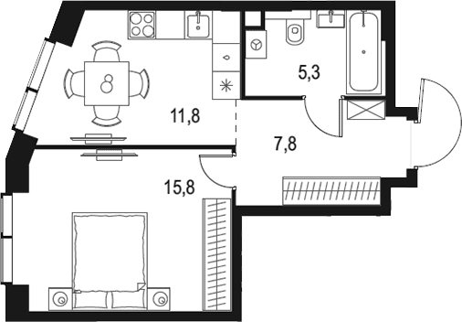 Планировка: 1-комнатная квартира 40,7 м² в ЖК «Левел Мичуринский»