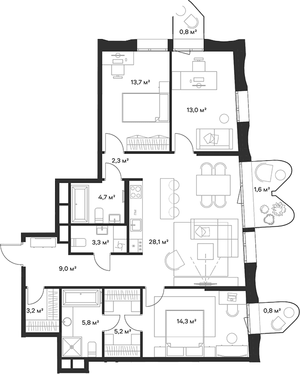 Планировка: Квартира евро-4 102,6 м² в ЖК «Союз»