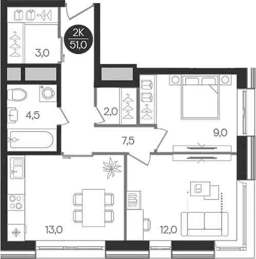 Планировка: 2-комнатная квартира 51 м² в ЖК «Кантемировский»