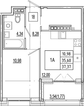 Планировка: 1-комнатная квартира 35,6 м² в ЖК «Ranta Residence»