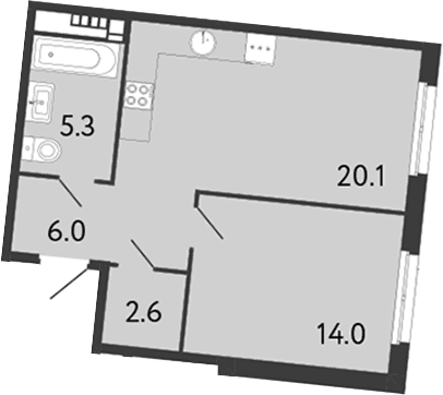 Планировка: Евродвушка 48 м² в ЖК «Визионер»