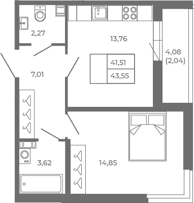 Планировка: Евродвушка 41,5 м² в ЖК «Новая история»