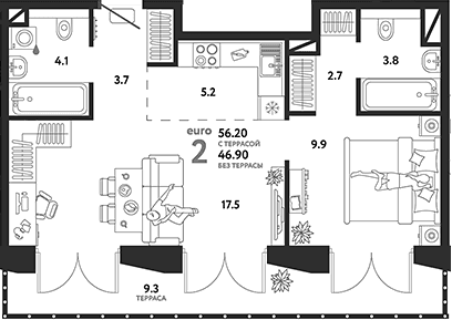Планировка: Евродвушка 46,9 м² в ЖК «Страна.Озерная»