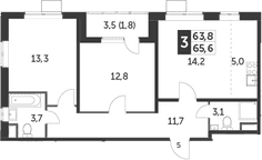 Планировка: Евротрёшка 63,8 м² в ЖК «Южная Битца»