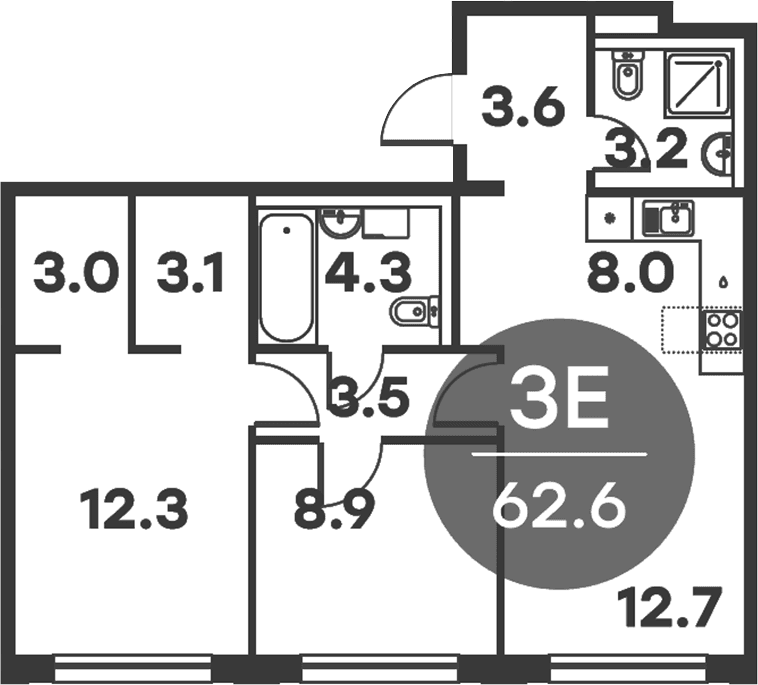 Планировка: Евротрёшка 62,6 м² в ЖК «Равновесие»