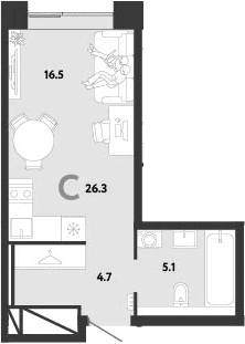 Планировка: Студия 26,3 м² в ЖК «Страна.Заречная»