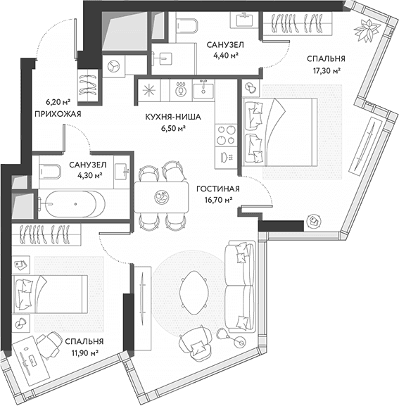 Планировка: Евротрёшка 67,3 м² в ЖК «ХАЙДАУТ»