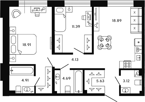 Планировка: Евротрёшка 71,7 м² в ЖК «17/33»