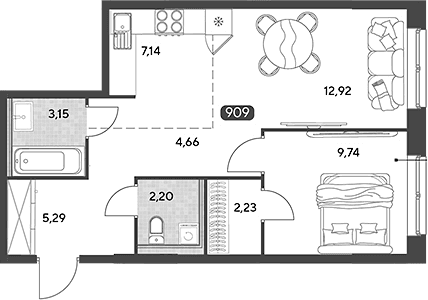 Планировка: Евродвушка 47,3 м² в ЖК «Космопарк»