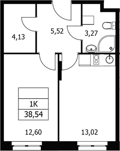 Планировка: 1-комнатная квартира 38,5 м² в ЖК «Волковская 67»