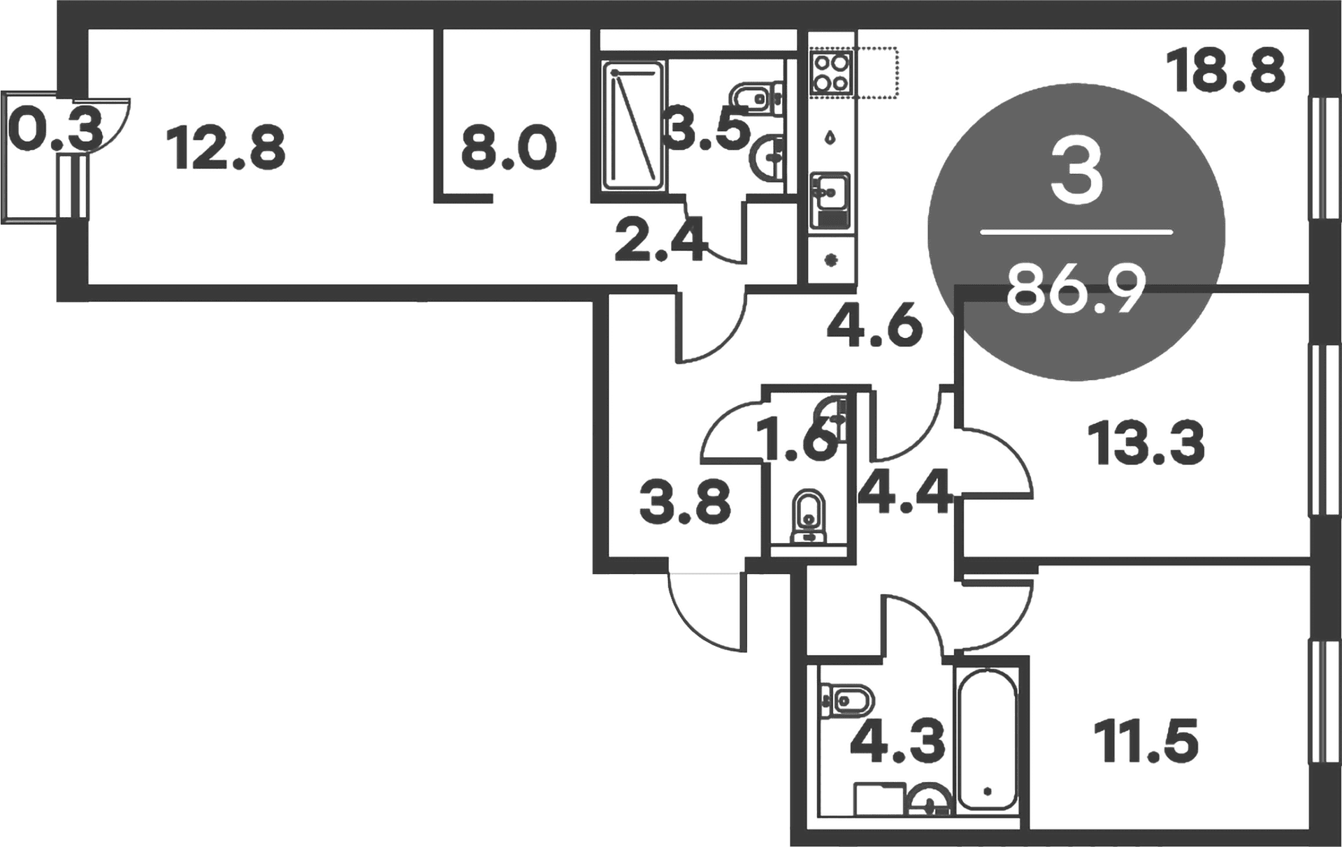 Планировка: 3-комнатная квартира 86,6 м² в ЖК «Равновесие»