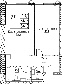 Планировка: Евродвушка 56,7 м² в ЖК «Наметкин Тауэр»