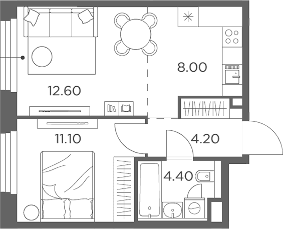 Планировка: Евродвушка 40,3 м² в ЖК «Белый Град»