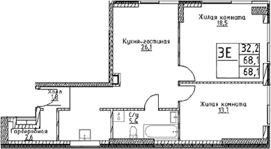 Планировка: Евротрёшка 68,1 м² в ЖК «Наметкин Тауэр»