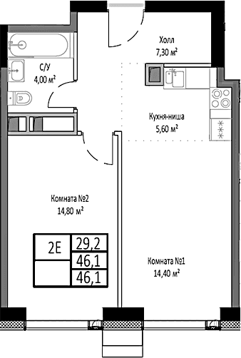 Планировка: Евродвушка 46,1 м² в ЖК «Мираполис»
