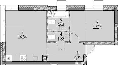 Планировка: Евродвушка 43,4 м² в ЖК «N'ICE LOFT»