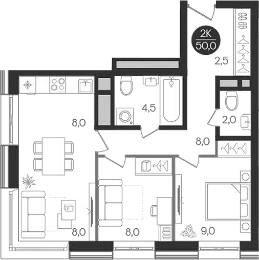Планировка: 2-комнатная квартира 50 м² в ЖК «Кантемировский»