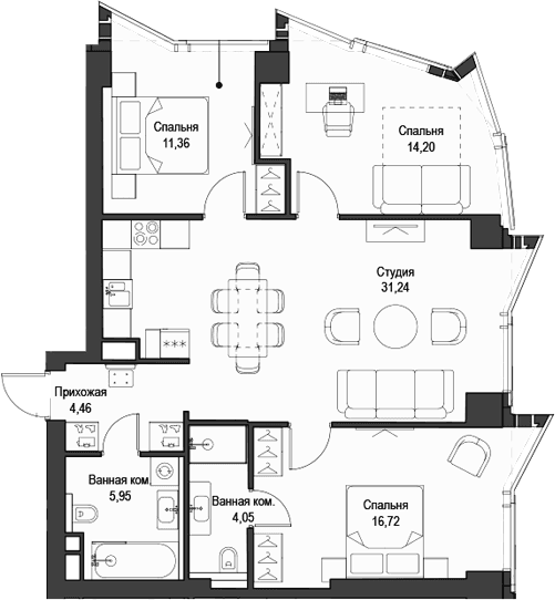 Планировка: Квартира евро-4 88 м² в ЖК «Феймос»