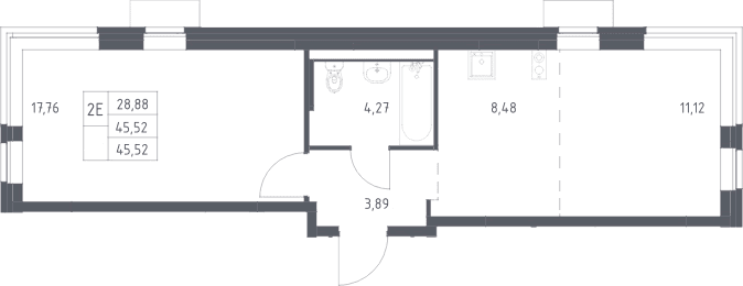 Планировка: Евродвушка 45,5 м² в ЖК «Новое Видное»