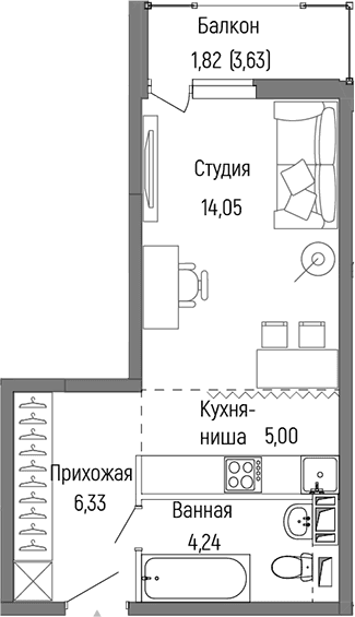 Планировка: Студия 29,6 м² в ЖК «Рига Хиллс»