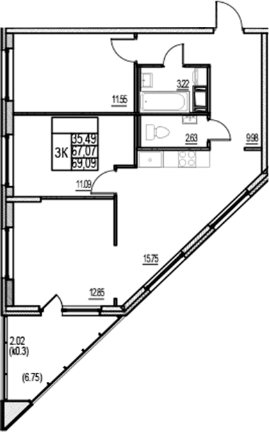 Планировка: Квартира евро-4 67,1 м² в ЖК «ID Murino III»