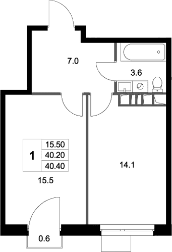 Планировка: 1-комнатная квартира 40,2 м² в ЖК «Легенда Марусино»
