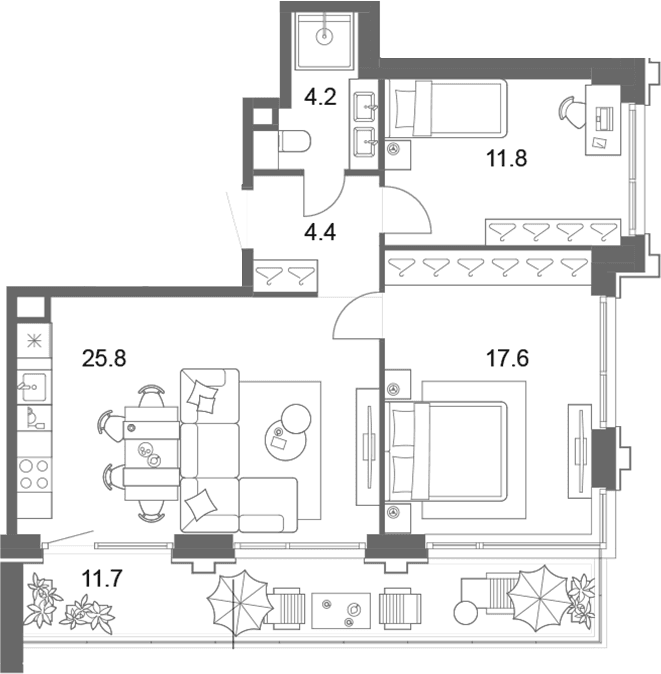 Планировка: Евротрёшка 63,8 м² в ЖК «ОМ Ботанический»