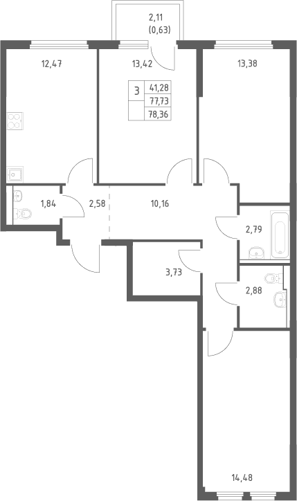 Планировка: 3-комнатная квартира 77,7 м² в ЖК «Пригород Лесное»