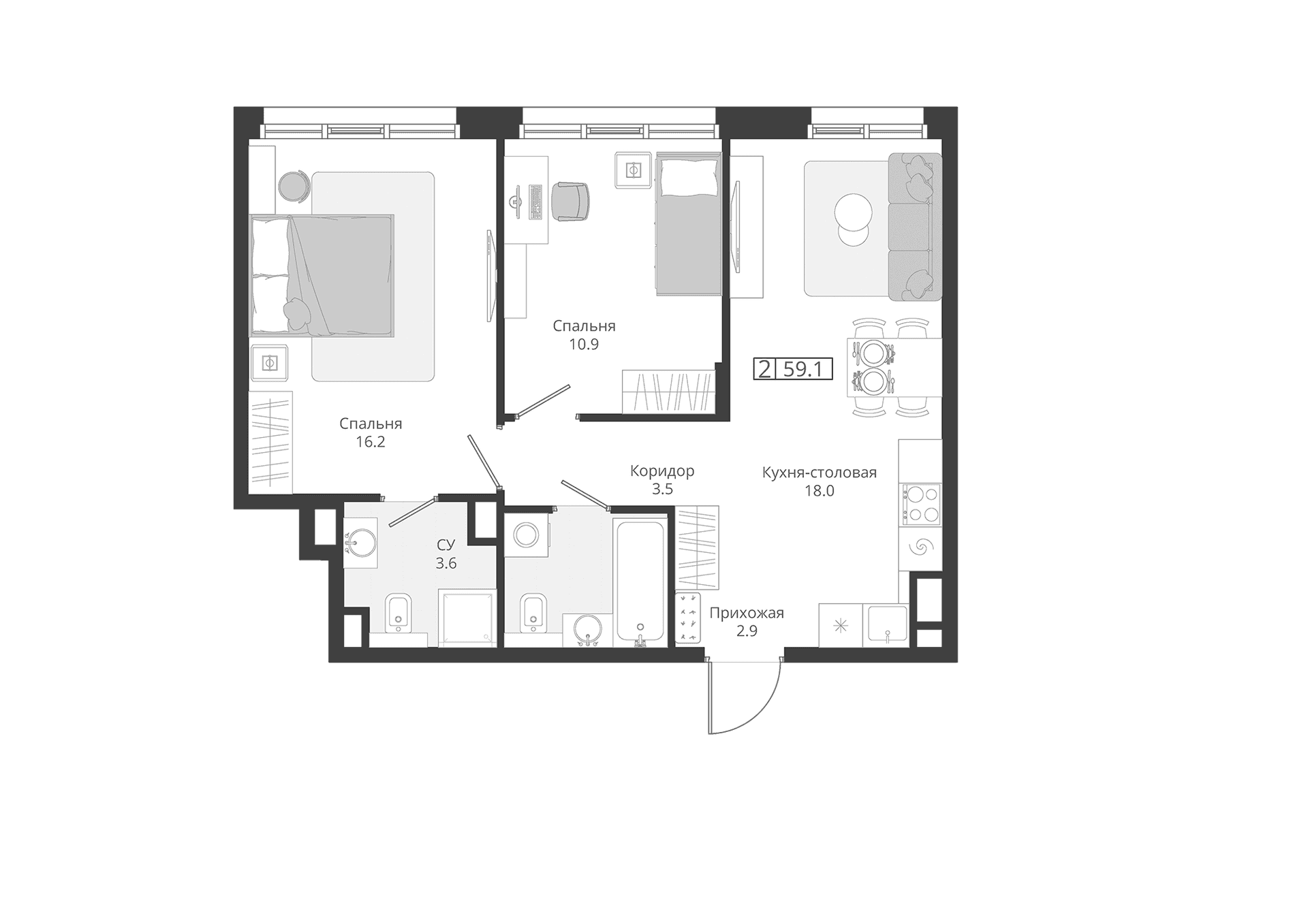 Планировка: Евротрёшка 59,1 м² в ЖК «ГРЭЙ»