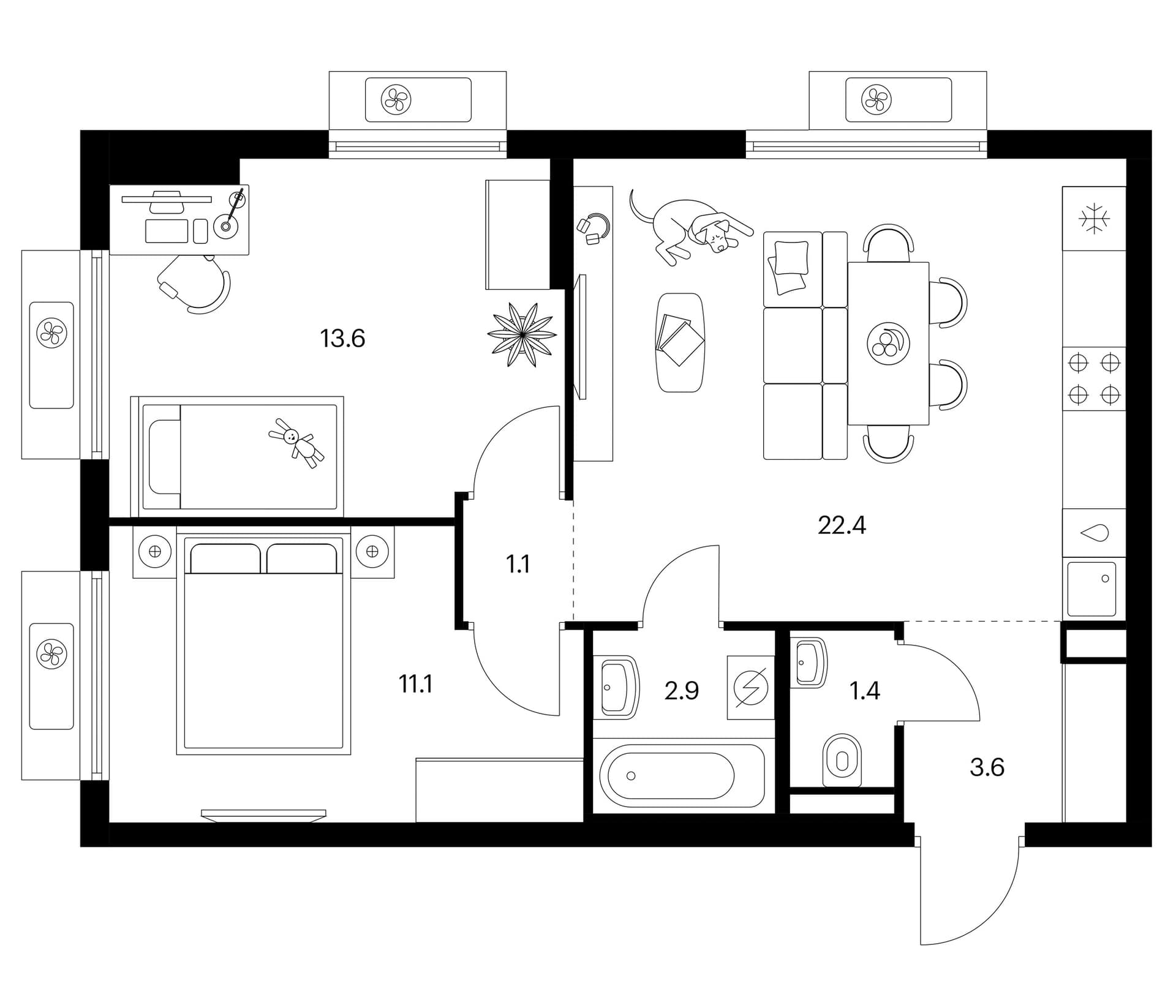 Планировка: 2-комнатная квартира 56,1 м² в ЖК «Белая Дача парк»