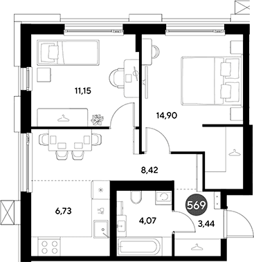 Планировка: 2-комнатная квартира 48,7 м² в ЖК «ЭВО»