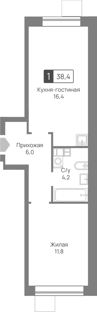Планировка: Евродвушка 38,4 м² в ЖК «Лесная Отрада»