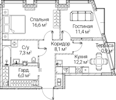 Планировка: 2-комнатная квартира 61,6 м² в ЖК «СЕЗАР БУДУЩЕЕ»