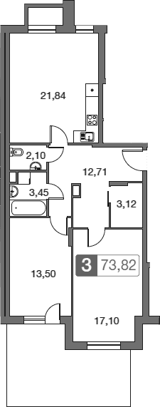 Планировка: Евротрёшка 73,8 м² в ЖК «Равновесие»