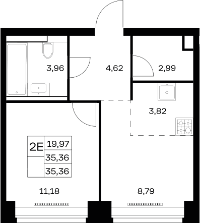 Планировка: Евродвушка 35,4 м² в ЖК «НОВА»