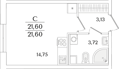 Планировка: Студия 21,6 м² в ЖК «Кинопарк»