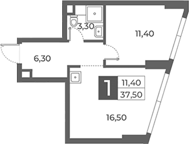 Планировка: 1-комнатная квартира 37,5 м² в ЖК «Даниловский от Гранель»