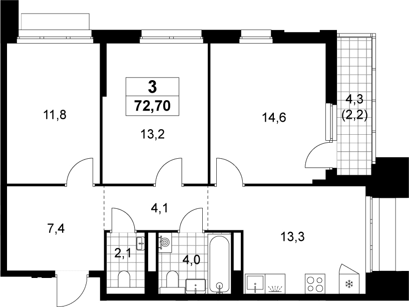 Планировка: 3-комнатная квартира 70,5 м² в ЖК «Деснаречье»
