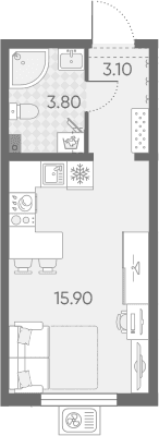 Планировка: Студия 22,8 м² в ЖК «Ручьи 2»