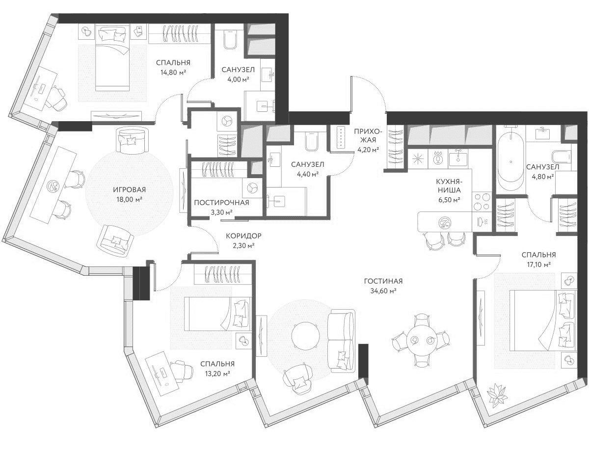 Планировка: Квартира евро-5 129,1 м² в ЖК «ХАЙДАУТ»