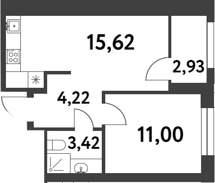 Планировка: 1-комнатная квартира 34,3 м² в ЖК «Смарт Гарден»