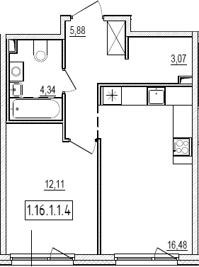 Планировка: Евродвушка 41,9 м² в ЖК «Новый Ямбург»