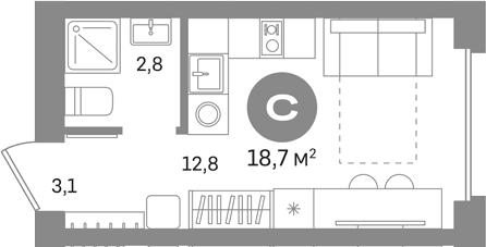 Планировка: Студия 18,7 м² в ЖК «Первый квартал. Вторая очередь»