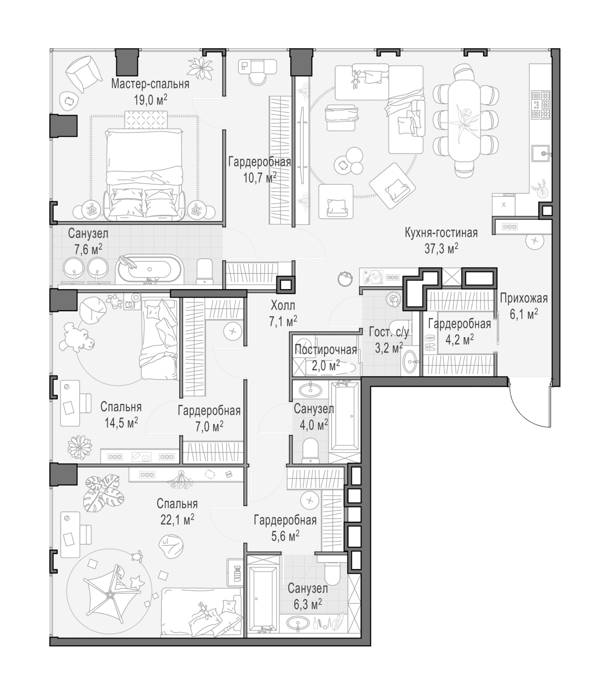 Планировка: Квартира евро-4 156 м² в ЖК «Квартал Life Time»