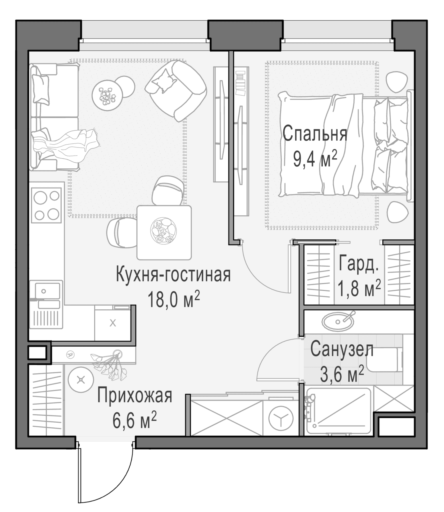 Планировка: Евродвушка 39,3 м² в ЖК «Белый Град»