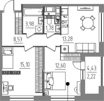 Планировка: 2-комнатная квартира 55,3 м² в ЖК «Лиггат»