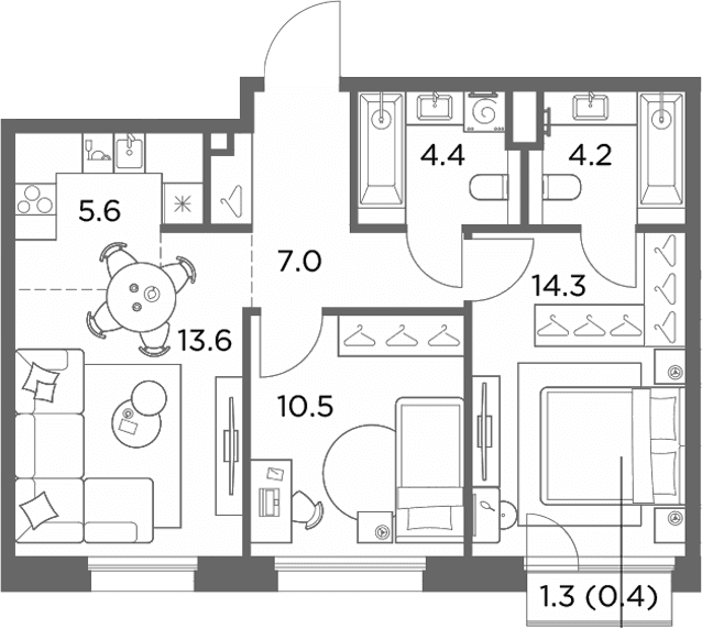 Планировка: Евротрёшка 59,6 м² в ЖК «Станиславский»